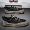 Men's black round toe leather shoes with lace-up front and rubber sole
