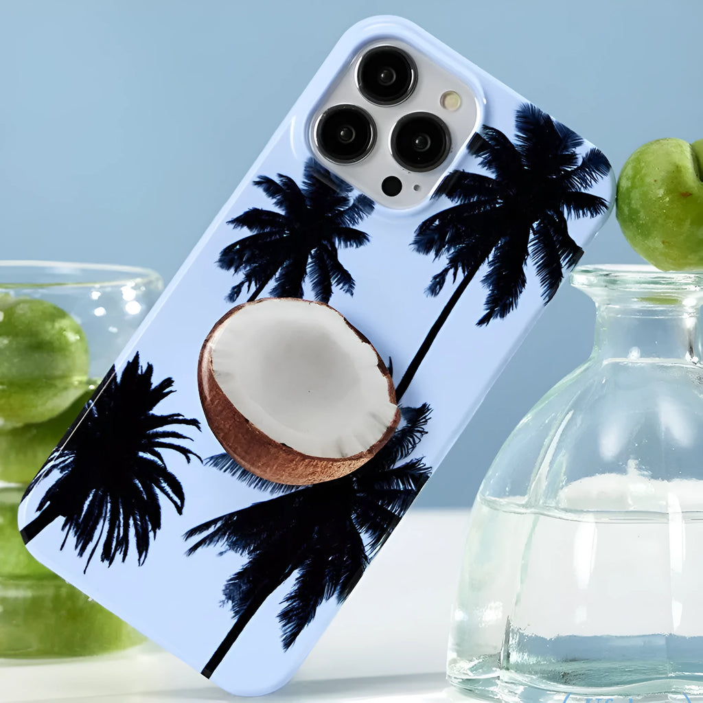 Original Summer Coconut iPhone protective case with a built-in metal kickstand bracket extended.