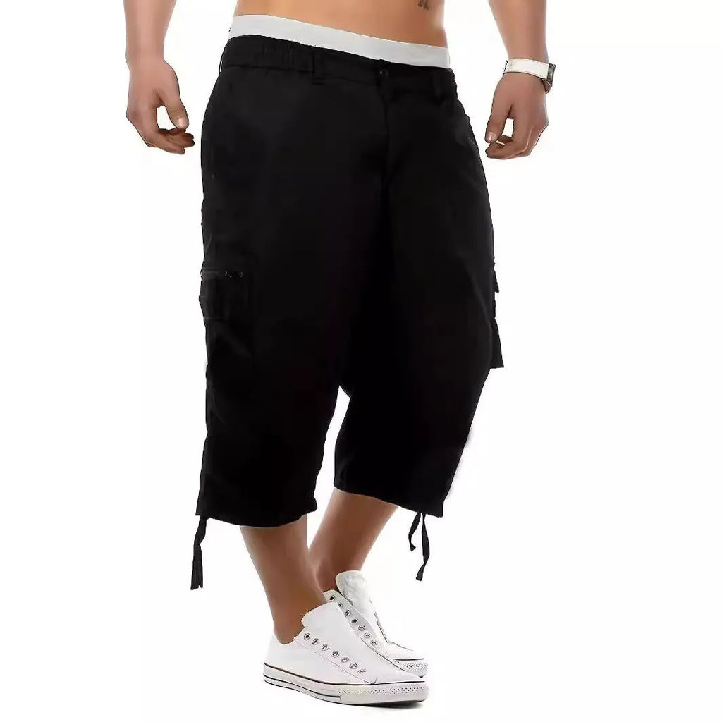 Men's multi-pocket workwear shorts in cool silk floss fabric, loose fit, fifth-length, available in black, army green, khaki, navy blue