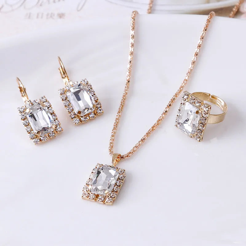 Women's alloy crystal square three-piece jewellery set with necklace, earrings, and ring