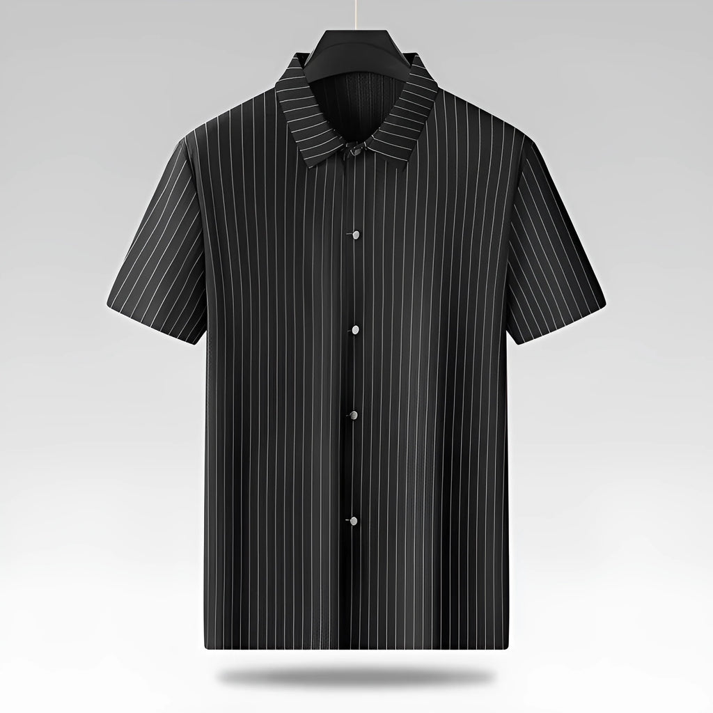 Man wearing a black and khaki striped loose-fit plus size casual shirt with a square collar.