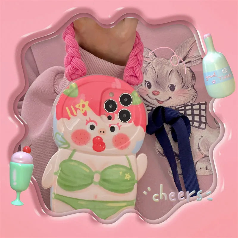 Pink and green cartoon girl silicone iPhone case for iPhone 11 12 13 14 models.