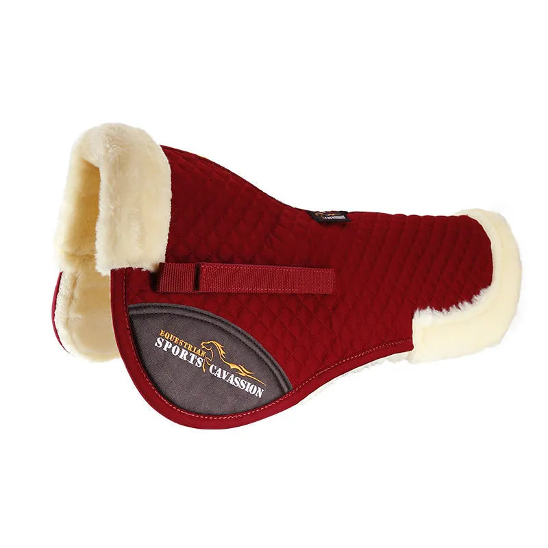Wool blend riding saddle pad for waist protection in black, navy blue, white, and wine red.