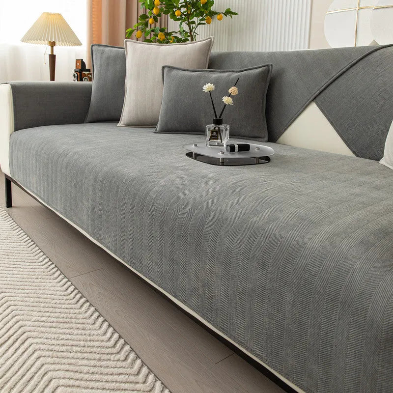 Thickened chenille sofa cover in solid colour haze blue for couch and cushion protection