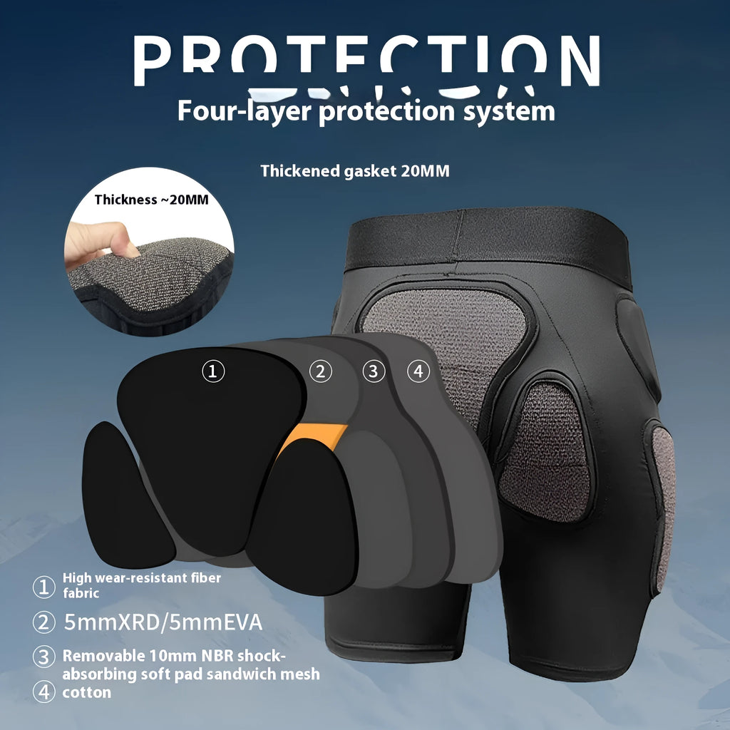 X-ray diffraction ski protective gear showing anti-fall hip pad and knee pad inner wear.