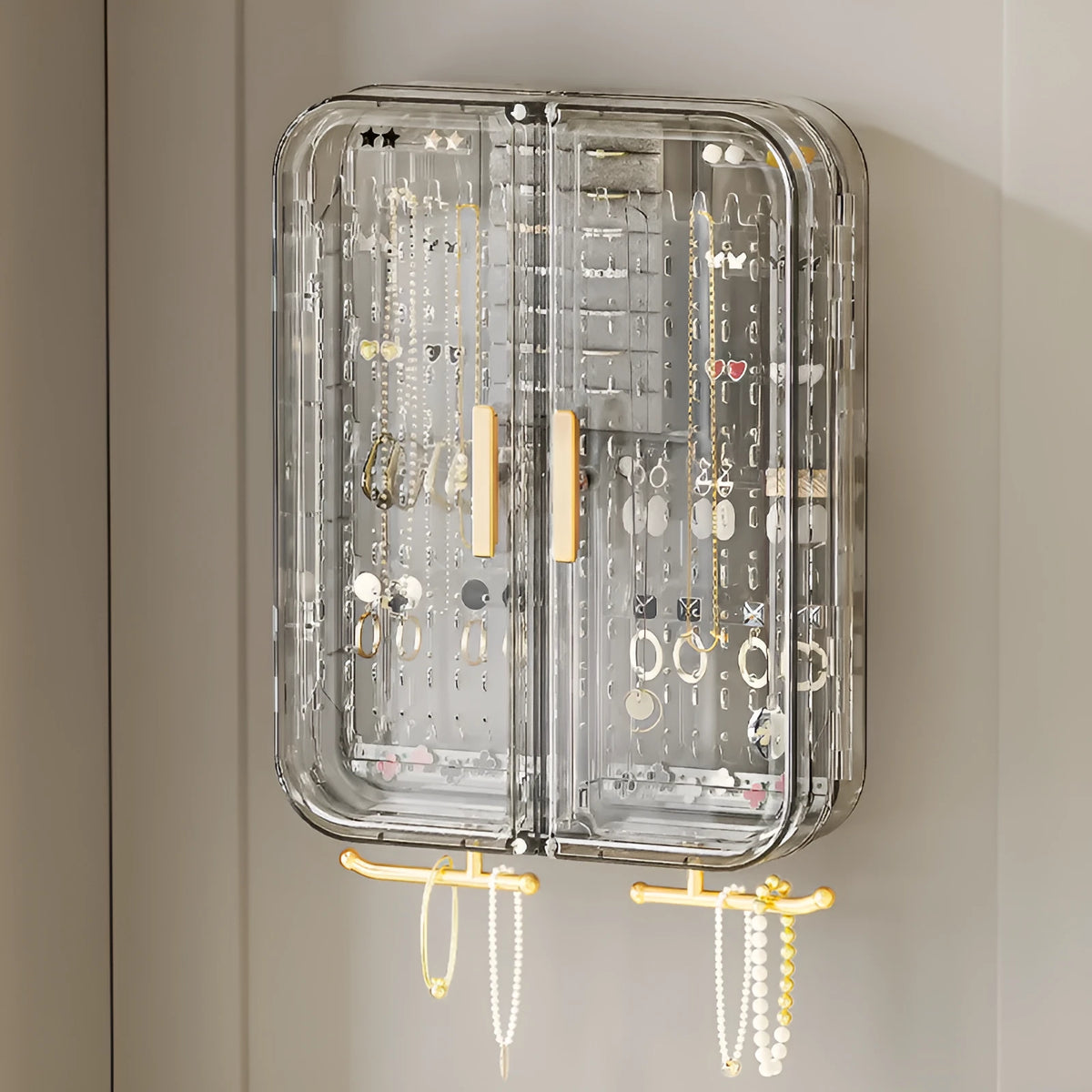 Wall-mounted plastic jewellery storage box with more than 8 layers, shown in Peach Pink or Transparent Gray for ornaments.