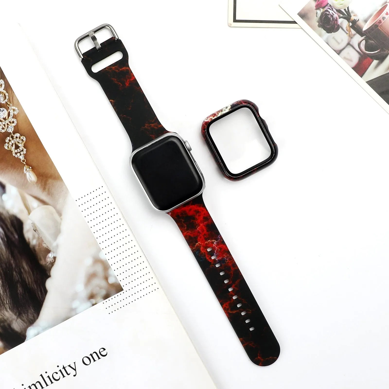 Printed silicone replacement watch strap for Apple iWatch showing multiple design options and size fit.