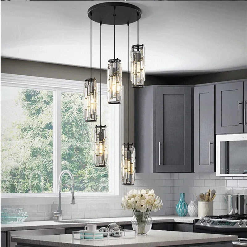 Single head industrial droplight ceiling pendant with crystal detail in black, chrome, or gold finish.