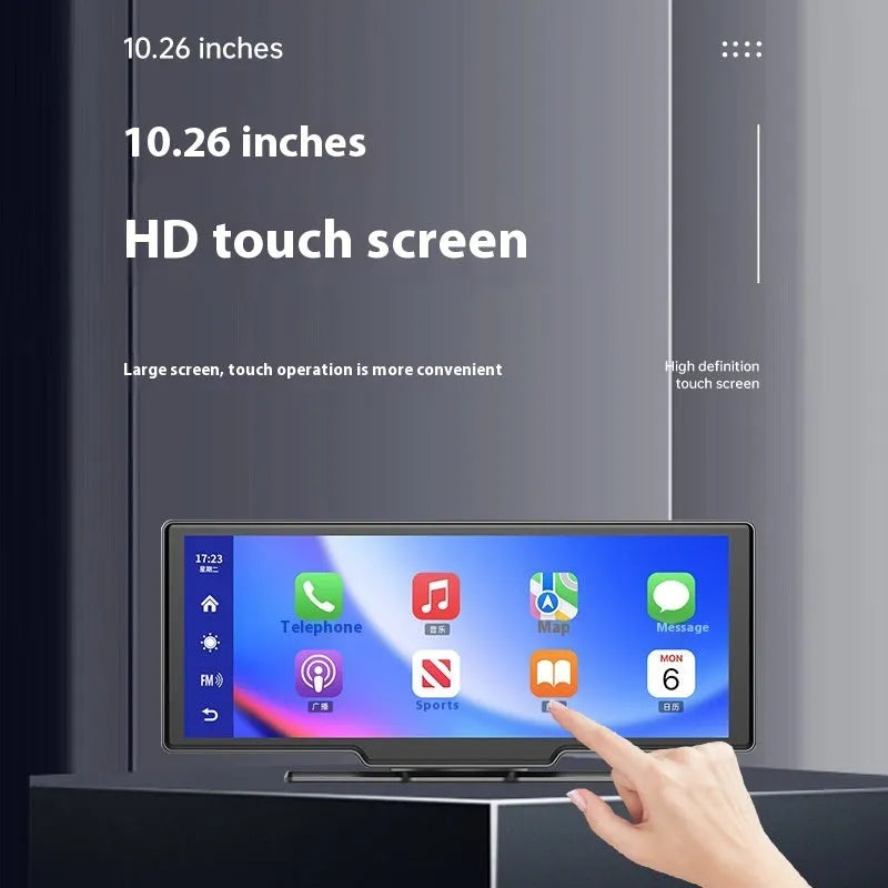 10-inch black car touchscreen head unit with Apple CarPlay interface displayed, mounted on a car dashboard.
