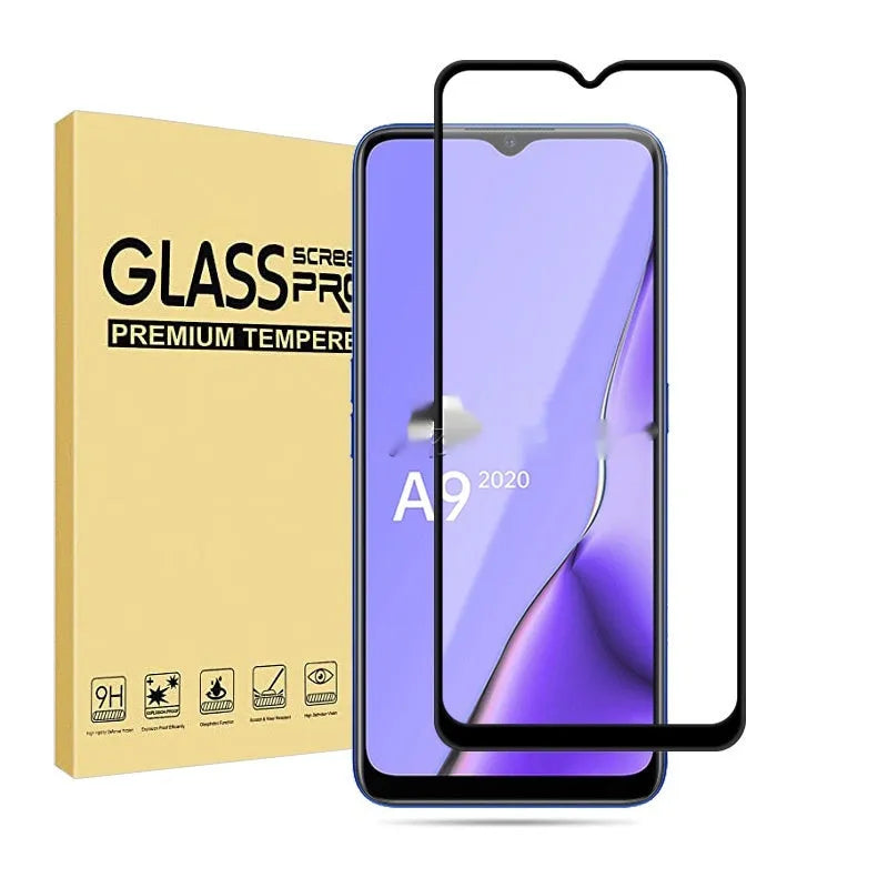 Full screen tempered glass protector for OPPO A9 2020 smartphone showing black edge and full coverage design