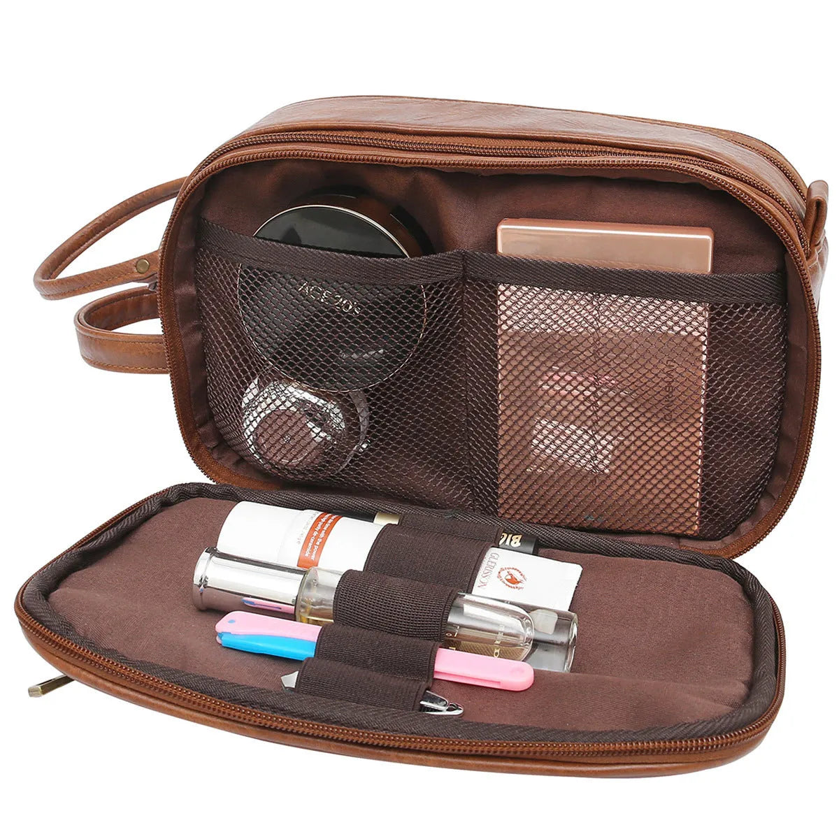 Men's black PU toiletry bag with zip closure and top handle, showing internal compartments.