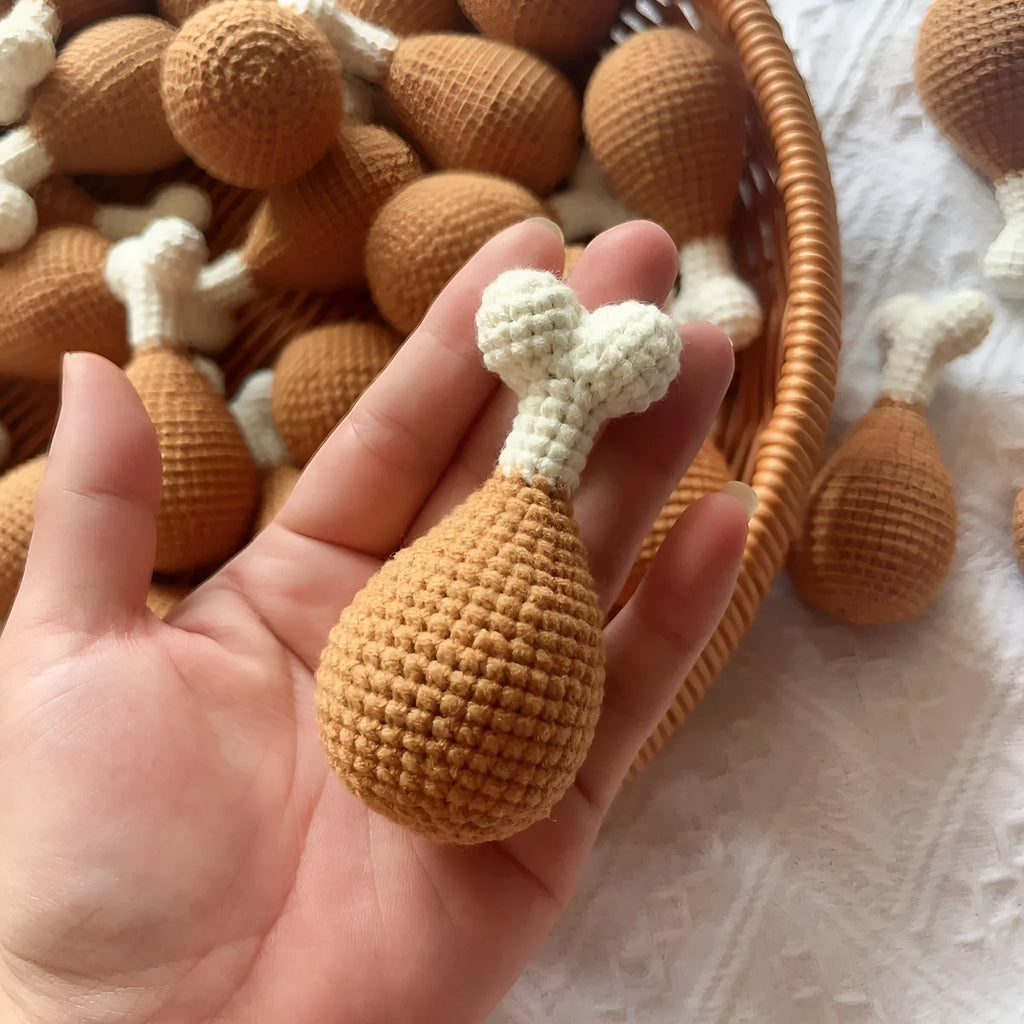 Handmade crocheted chicken leg pendant key chain with colourful yarn detailing