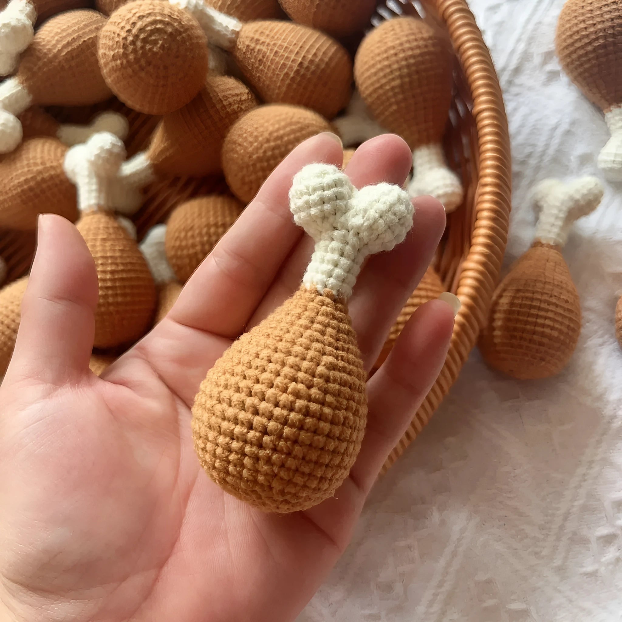 Handmade crocheted chicken leg pendant key chain with colourful yarn detailing