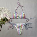 Gradient snakeskin print bikini set with triangle top and banded briefs in bronzing fabric, sizes S M L.