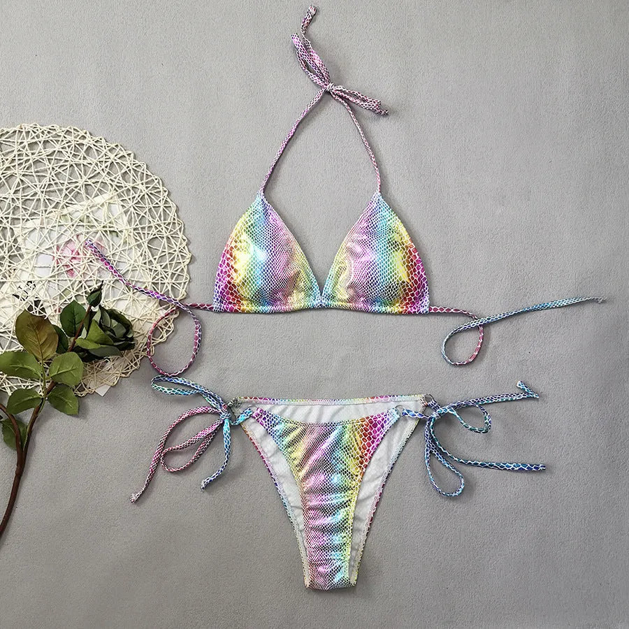 Gradient snakeskin print bikini set with triangle top and banded briefs in bronzing fabric, sizes S M L.