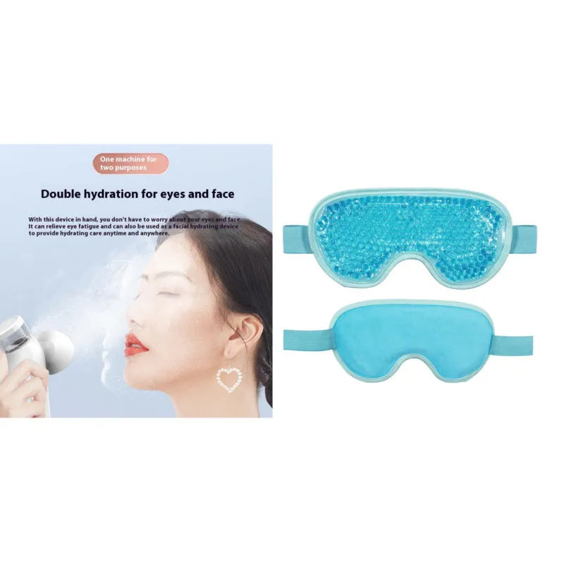 White portable rechargeable eye compress and atomisation device with included eye mask on a table.