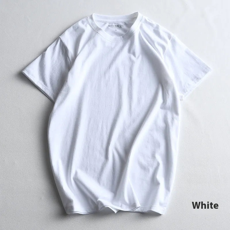 Men's solid colour cotton T-shirt on a hanger, showing round neck and short sleeve design.
