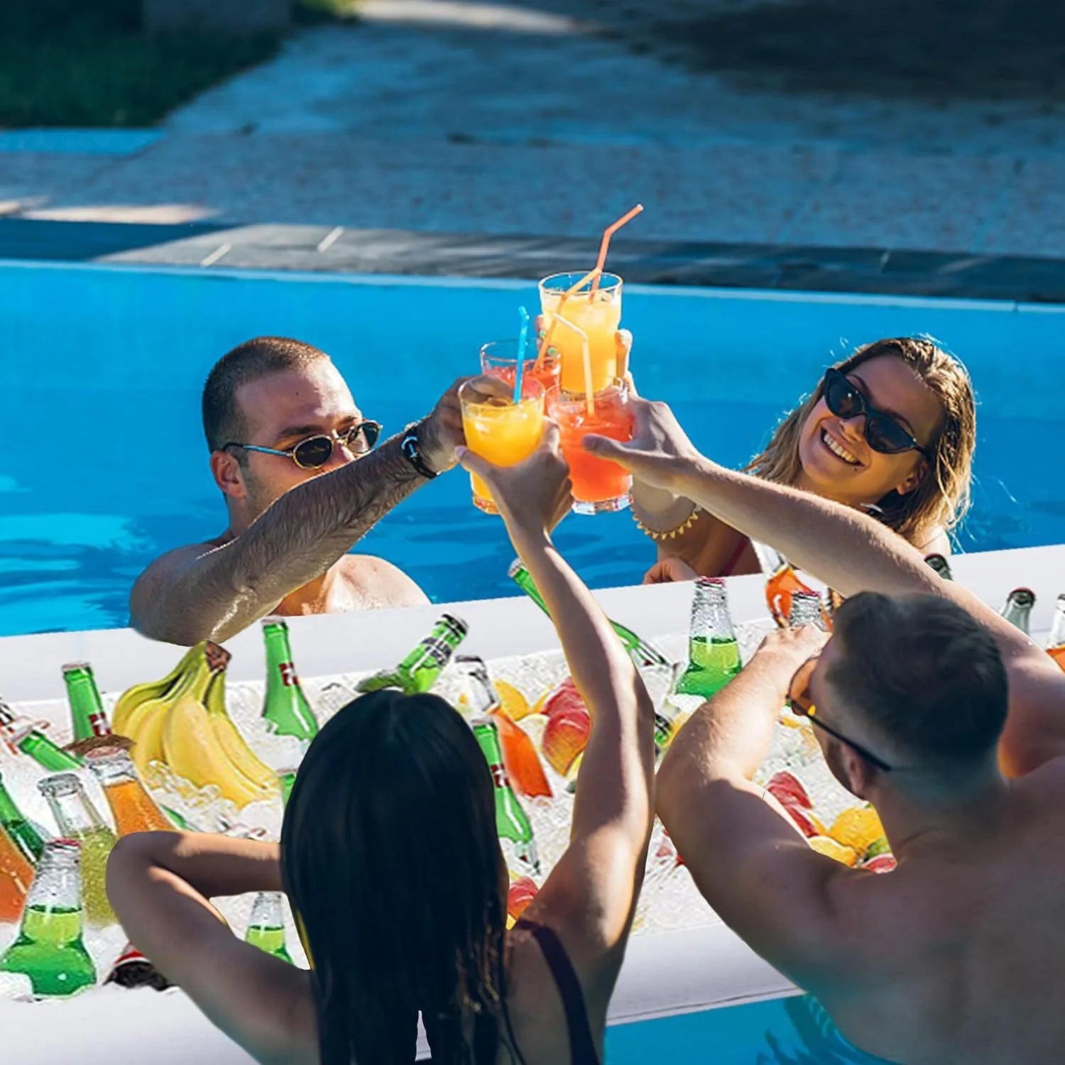 Inflatable white ice bar for parties with cup holders, shown at full size after inflation.