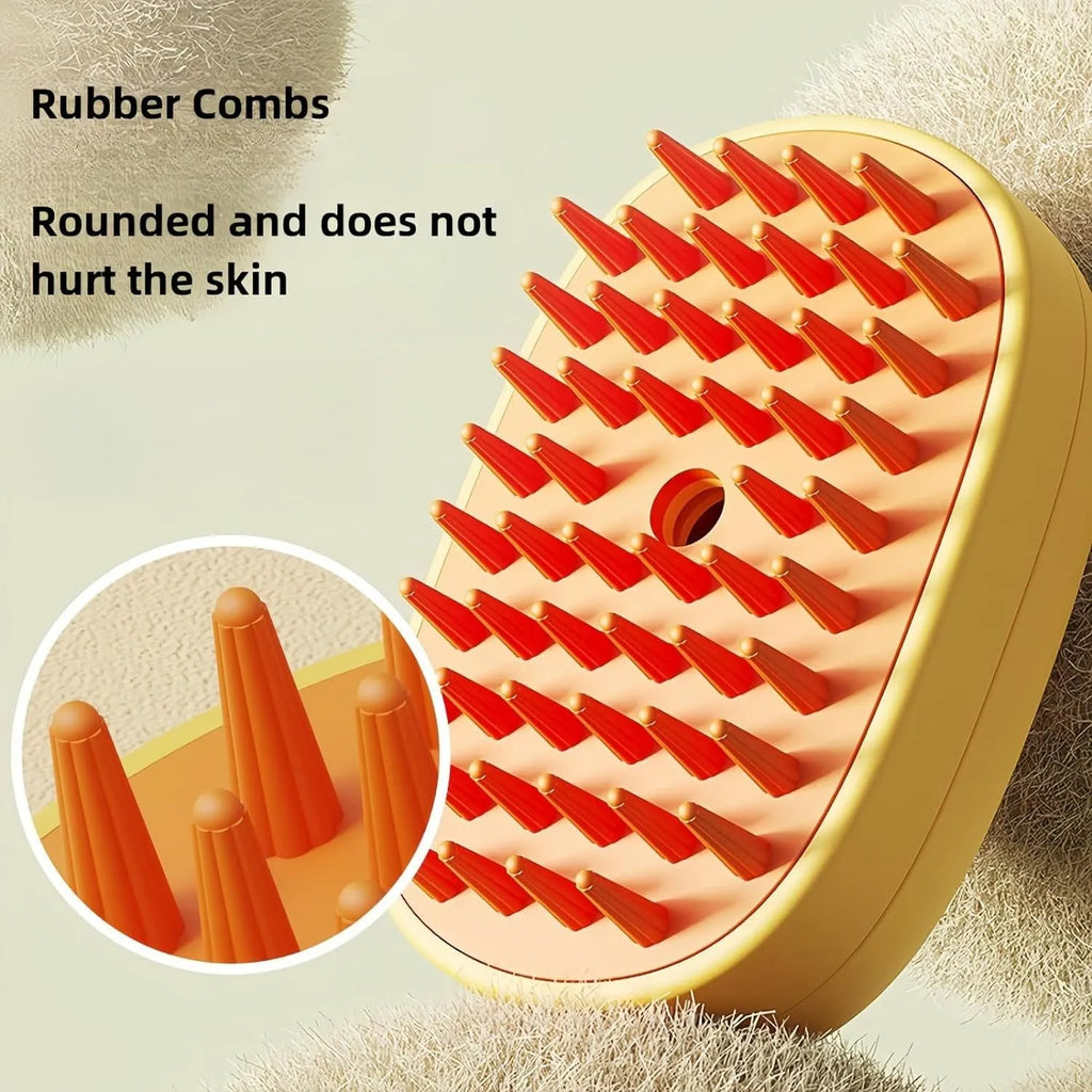 White and yellow rechargeable pet steam brush with silicone comb teeth for grooming dogs and cats.
