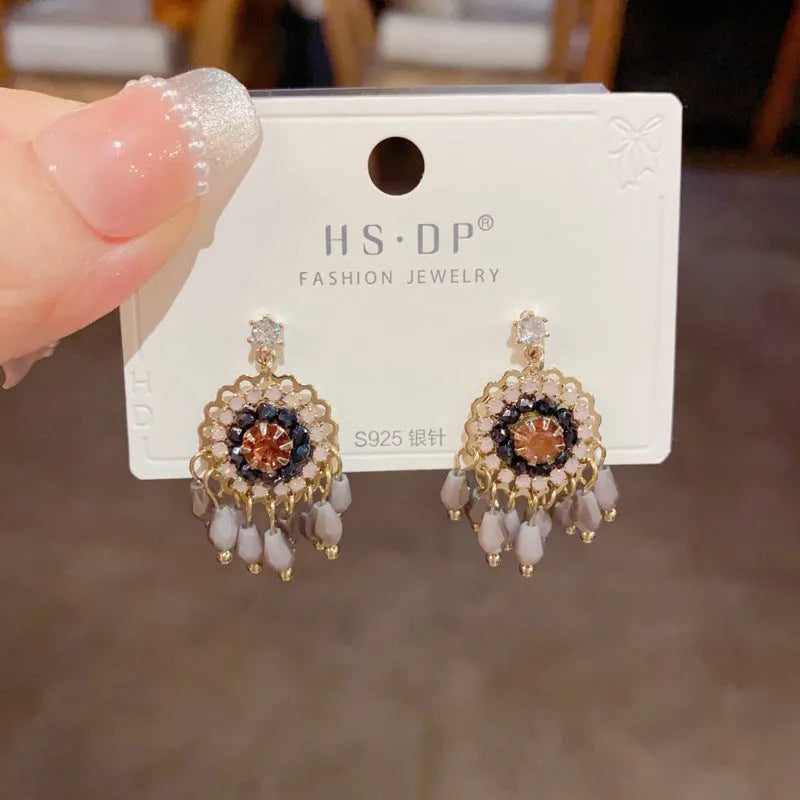 Purple and blue diamond embedded round crystal tassel earrings with thick gold plated copper geometry design