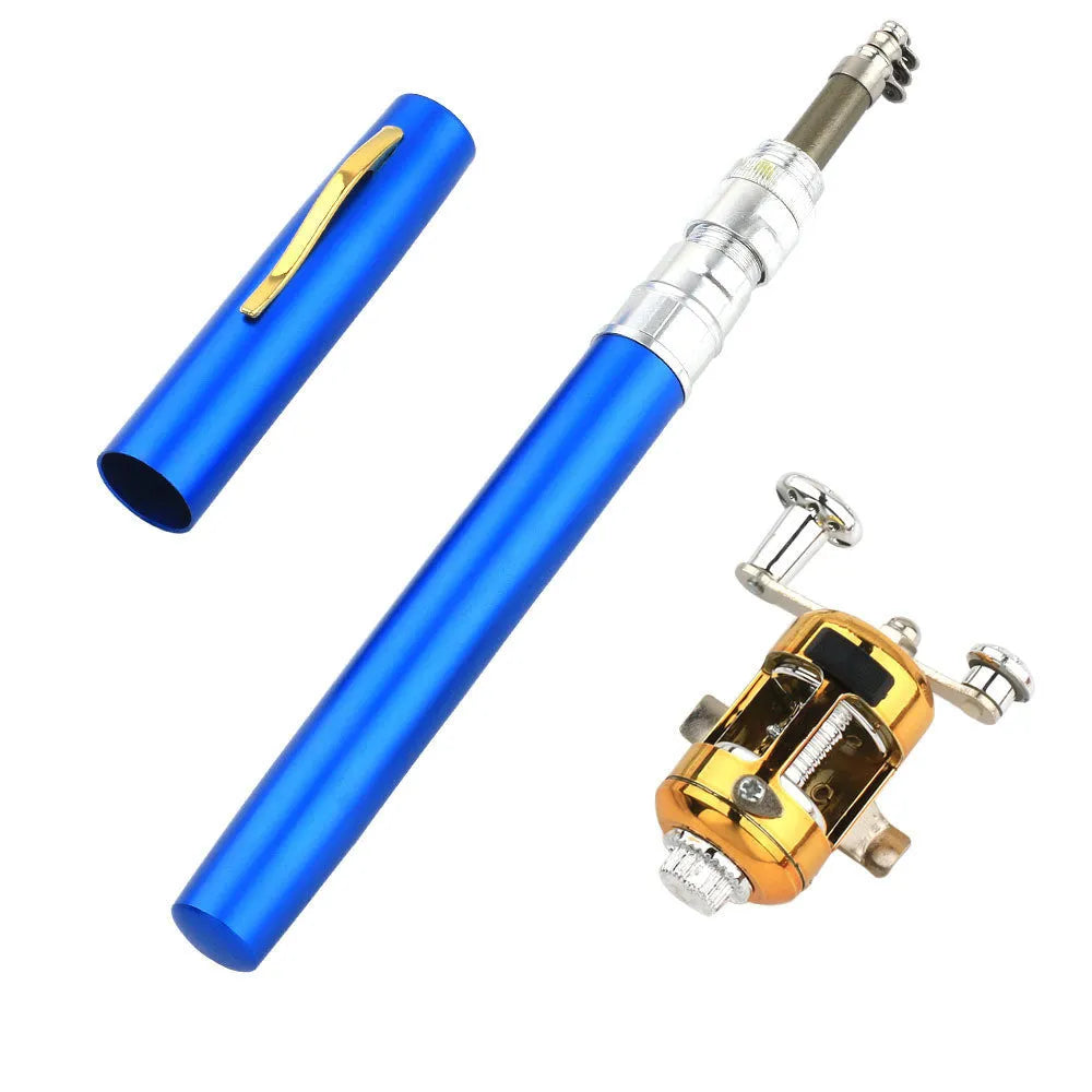 Portable telescopic fishing rod kit with gold reel and aluminium case, extended to 1m and collapsed to 20.5cm.
