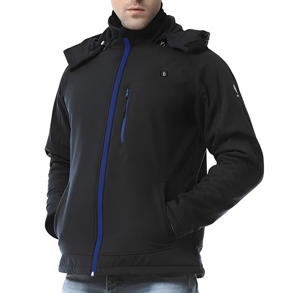 Black men's USB heated winter coat with a straight hem and zippered pockets on a model.