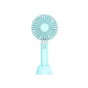 Blue handheld mini USB electric fan with three-speed settings and shaking head motion