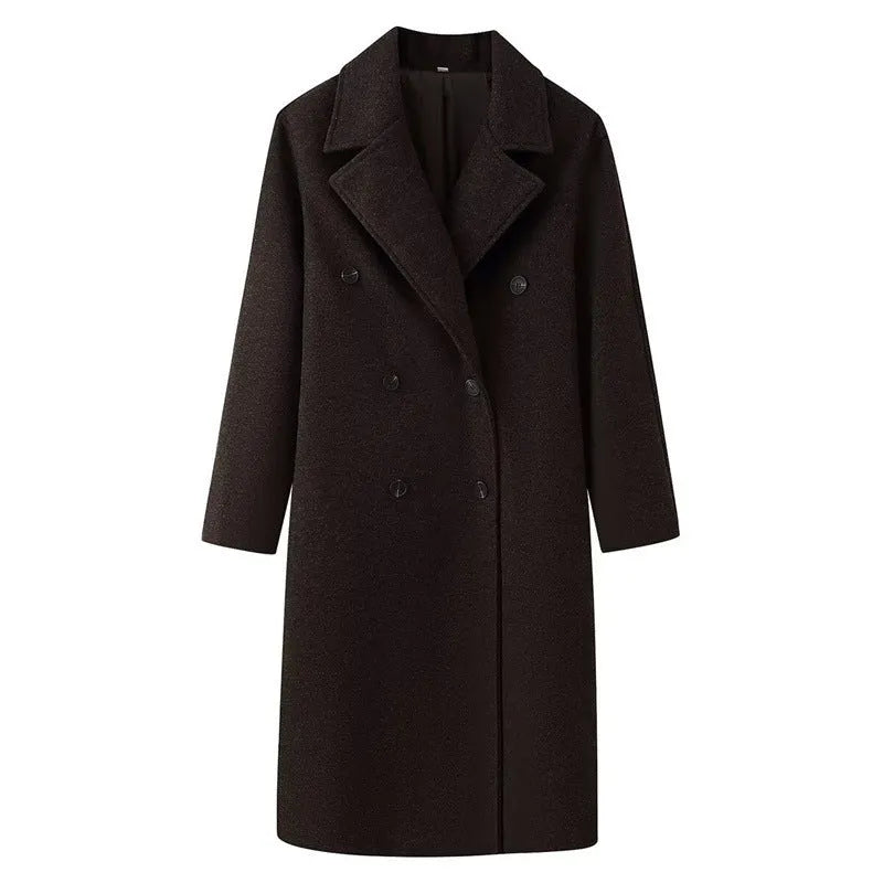 Double-breasted wool coat for women, extended length over 100cm, literary retro style, blend fabric with spandex, sizes S-L.