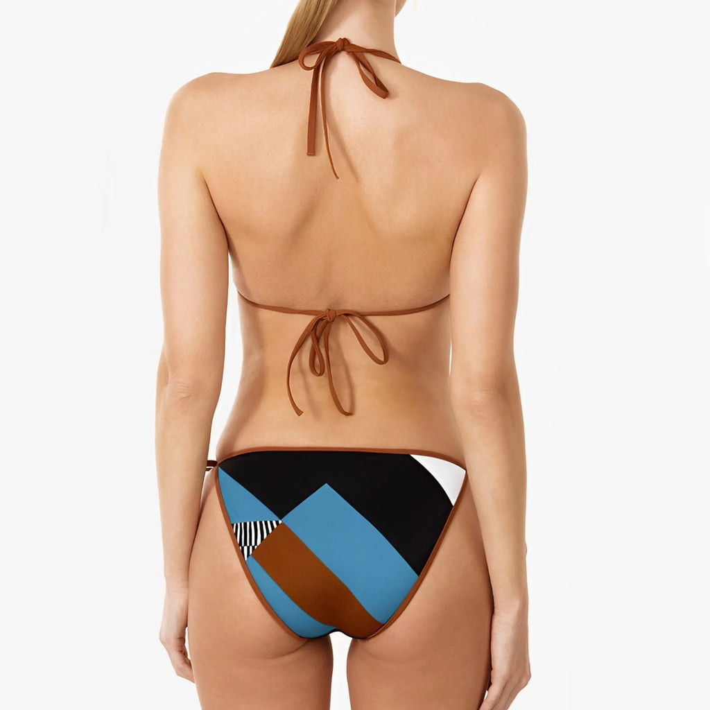 Women's skinny print backless bikini in picture colour, showing front and back design with tight fit.
