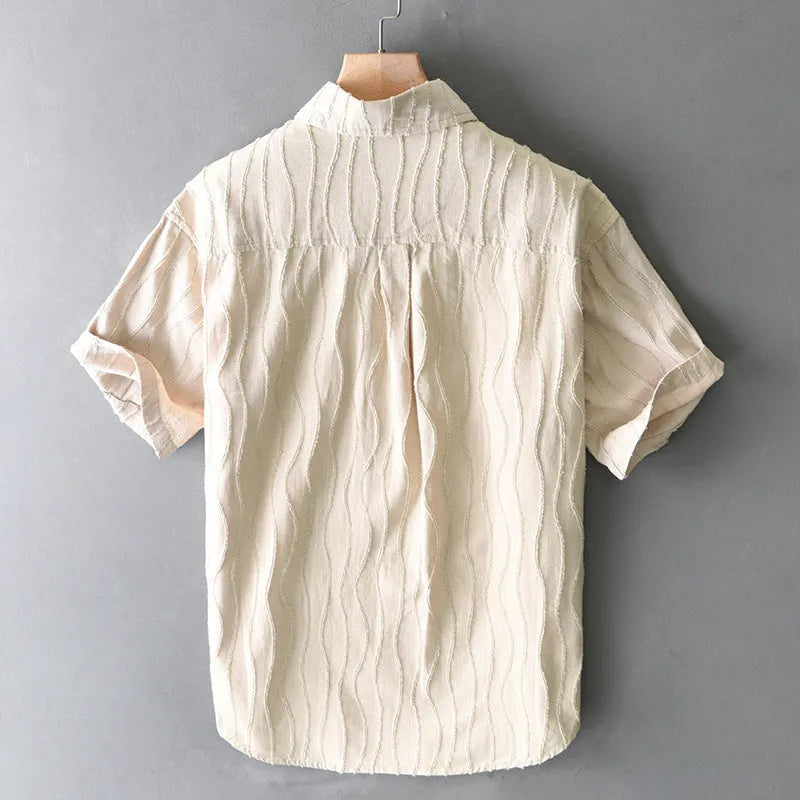 Men's apricot and army green pure cotton short sleeve casual shirt on hanger