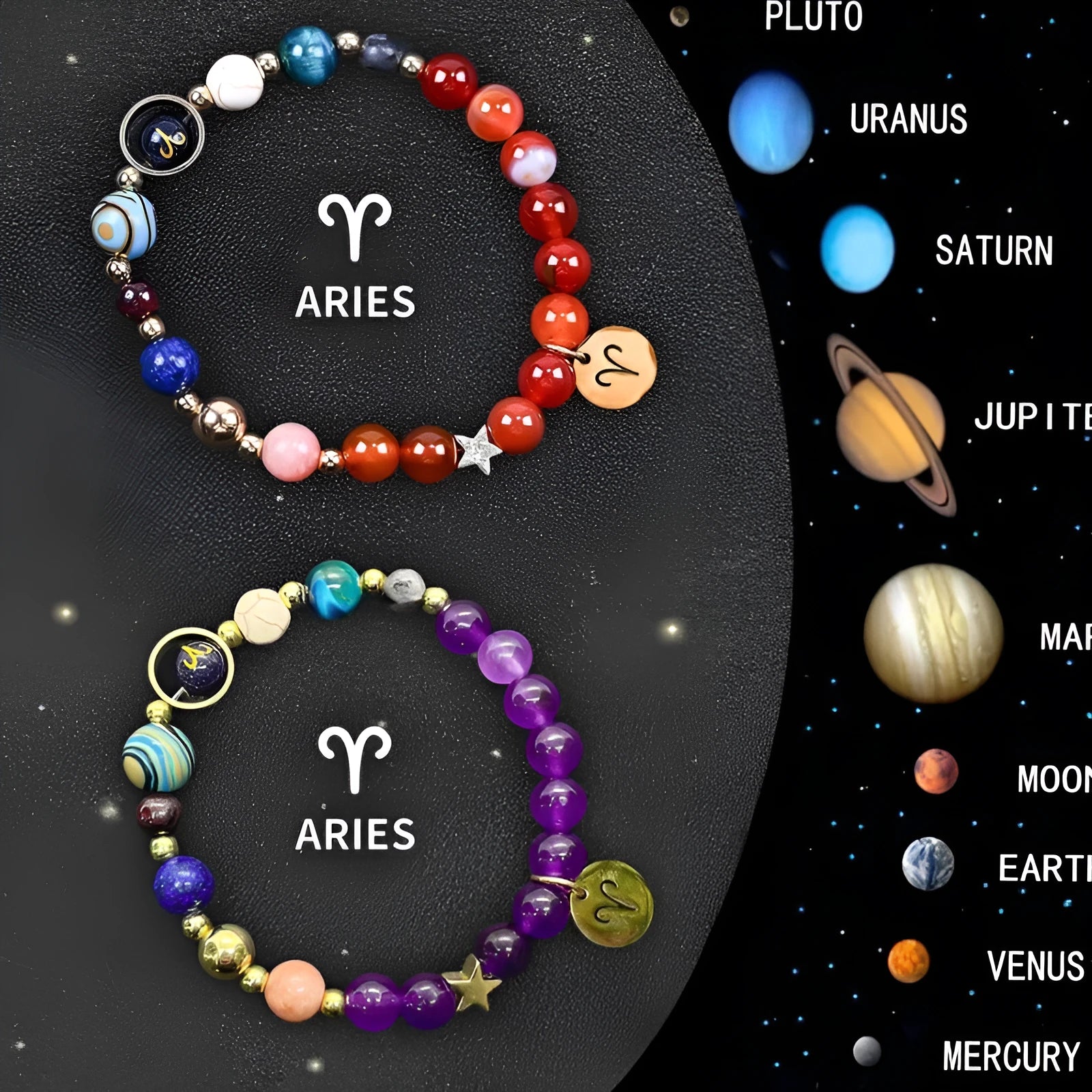 Set of twelve natural stone beaded bracelets, each representing a different zodiac sign.