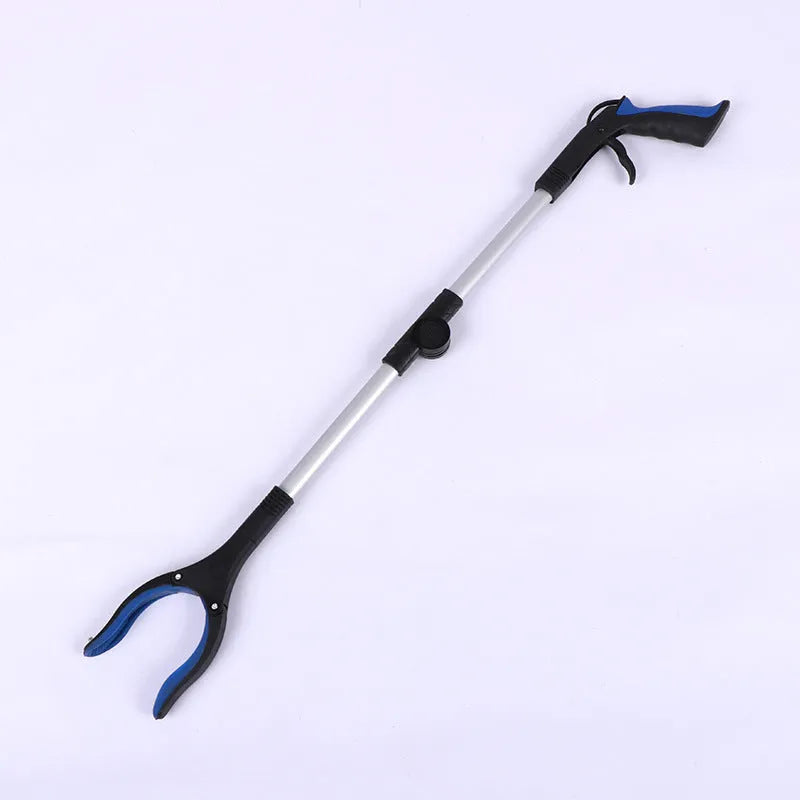 Foldable aluminium garbage pick-up clamp with extended pincers and a coloured handle, shown next to its magnet sucker attachment.