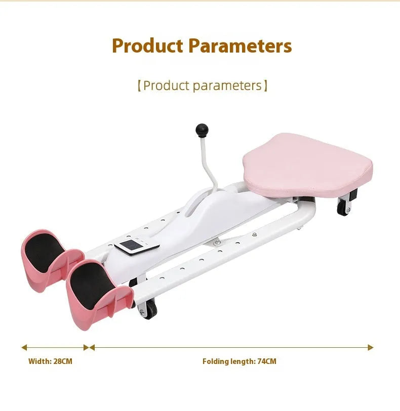 A pink leg stretching device with foam-padded bars, shown with an optional backrest attachment.