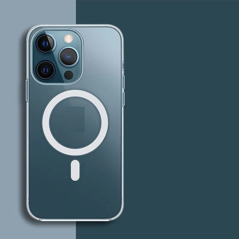 Transparent magnetic back cover case for iPhone showing integrated magnet ring and precise cutouts.