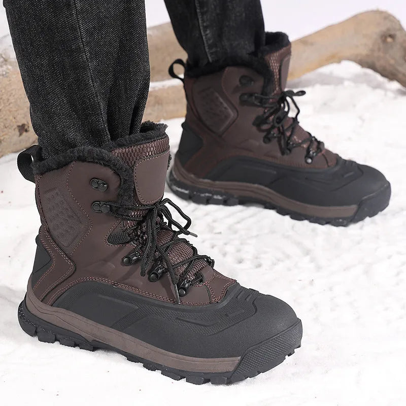 Men's black fleece-lined high-top lace-up boots with a flat heel and ribbed sole.