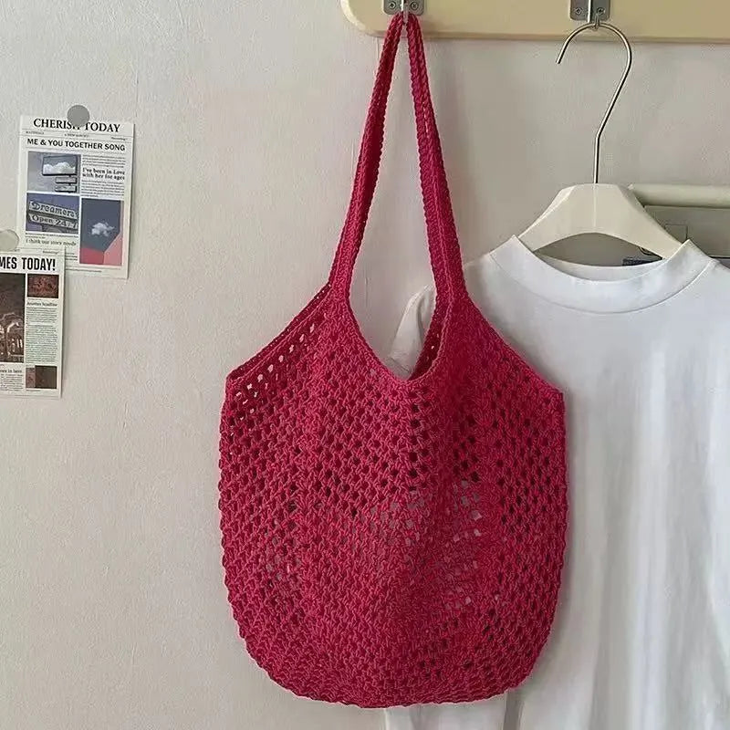 Hand-woven hollow shoulder bag in cotton and linen, beige colour, open pocket design with double straps