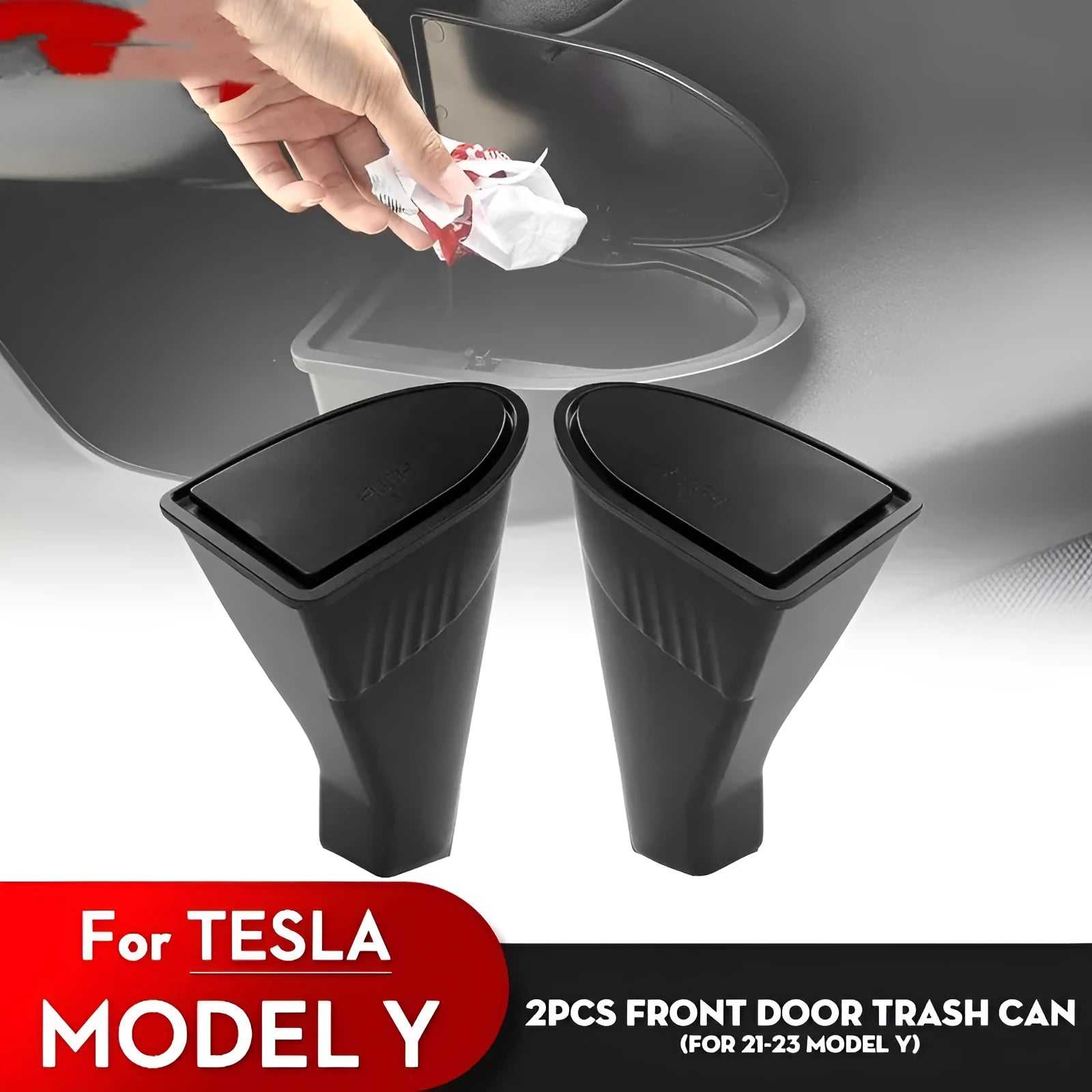 Two black ABS plastic storage boxes designed for Tesla Model Y front door pockets