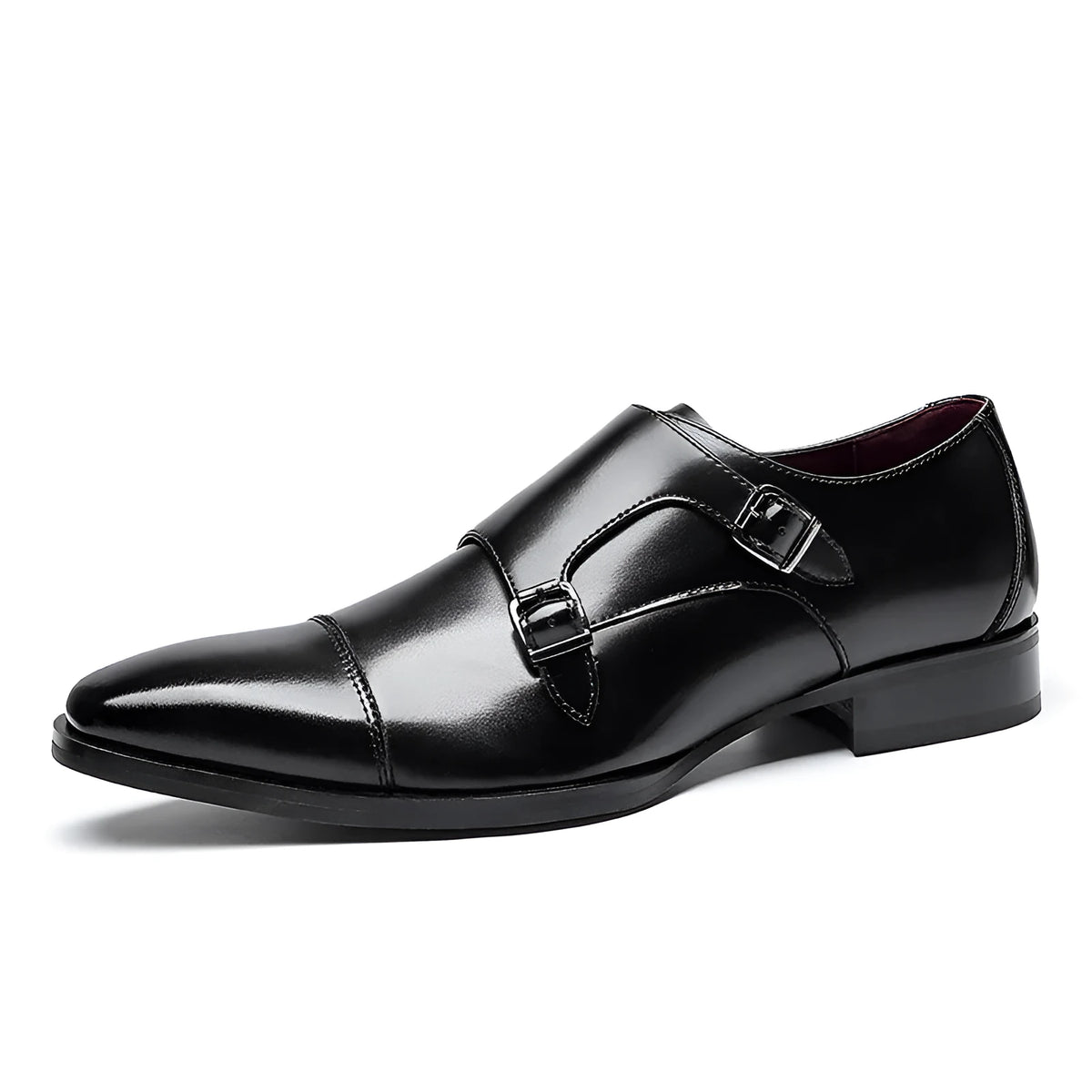 Men's black leather business shoes with square toe and rubber soles in British gentleman style