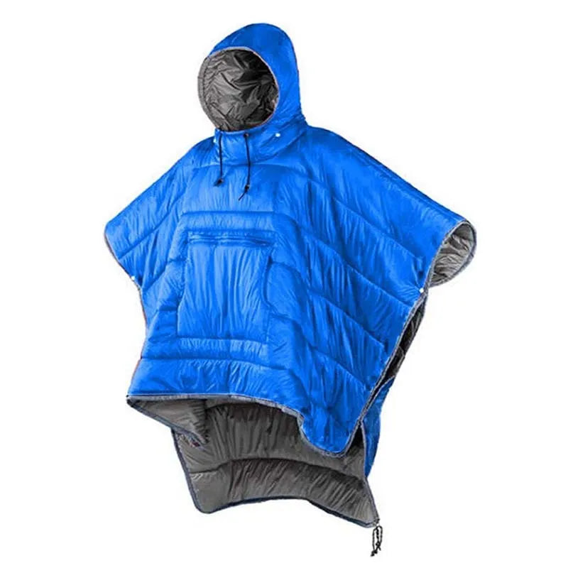 Outdoor cloak sleeping bag in grey or army green, showing wearable cape configuration and flat blanket layout