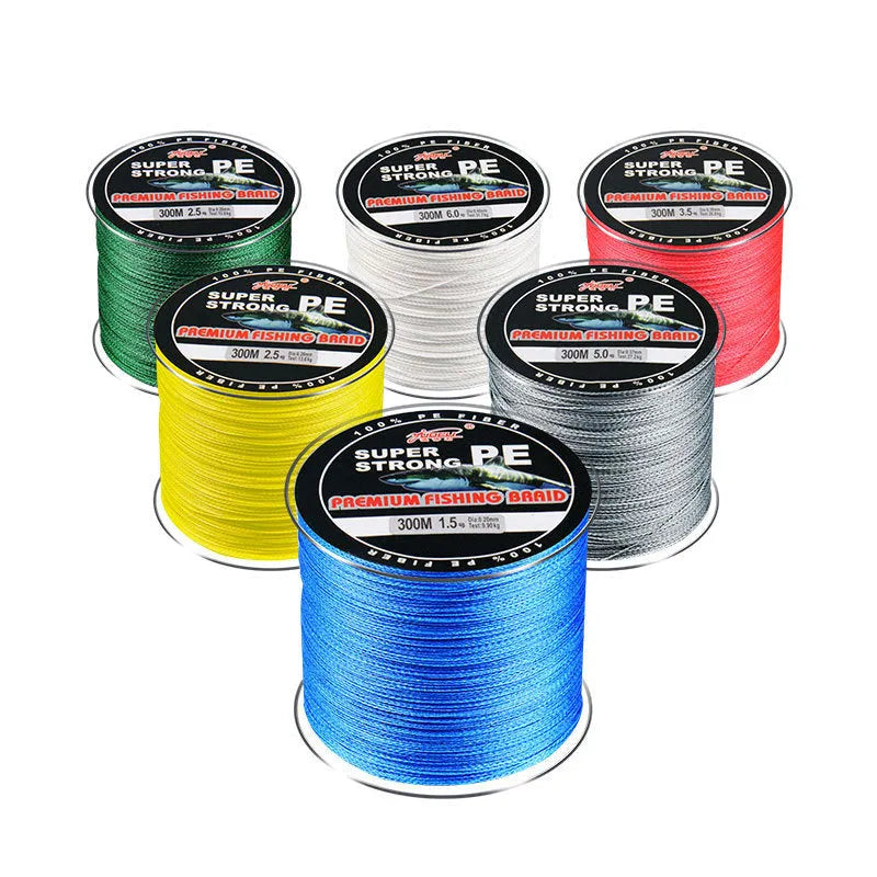 PE 300m 4-strand braided fishing line in multiple colours on a spool