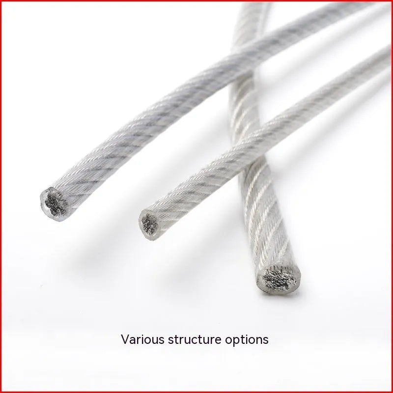 Coil of 304 stainless steel multi-strand wire rope on a white background.