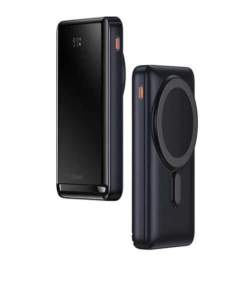 Blue 3-in-1 slim magnetic wireless power bank showing dimensions and USB charging cable