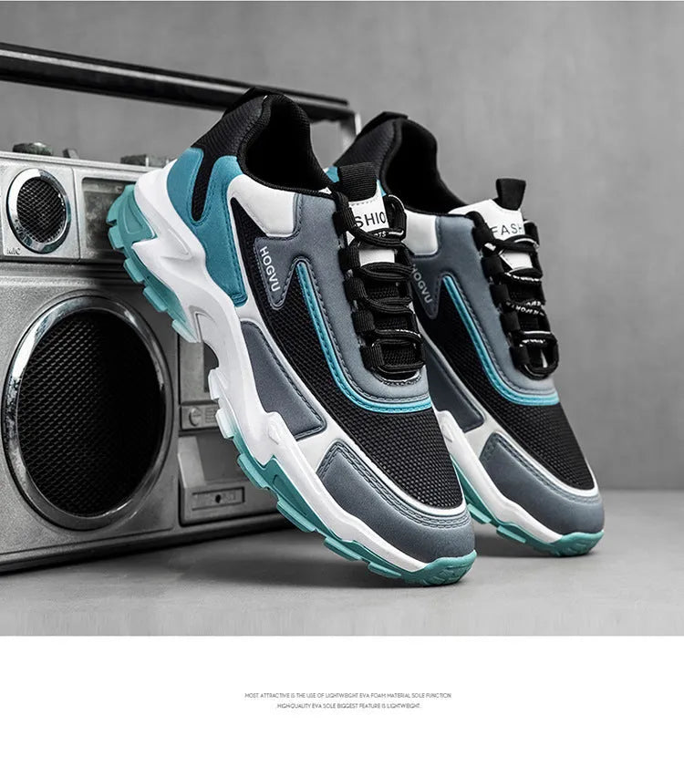 Men's breathable mesh running shoes, low-cut lace-up trainers with plastic sole, black khaki or black and blue, sizes 39-44