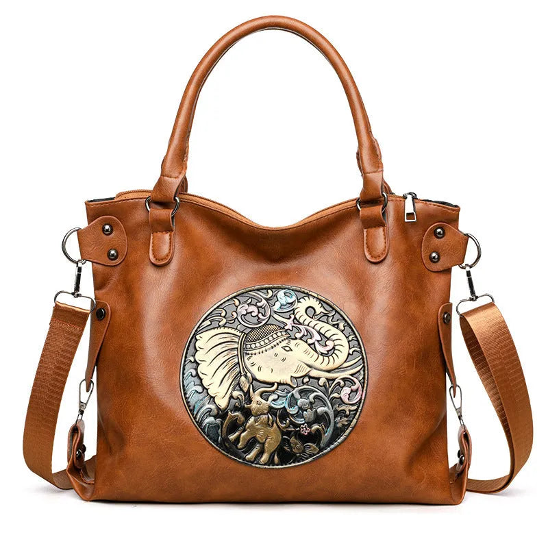 Retro Chinese style soft bread leather crossbody bag, horizontal square shape with stitching, brown and black colour options