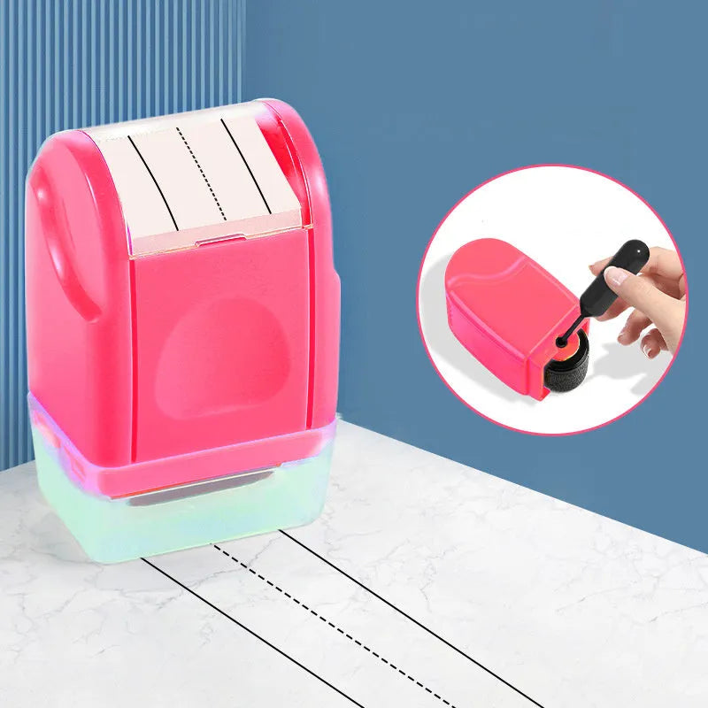A plastic rectangle roller stamp for teaching, showing English line patterns in one of seven colours.