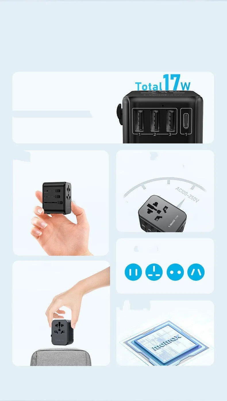 Black universal travel adapter UA12 with four-bit multi country converter, 70x64x48mm PC housing