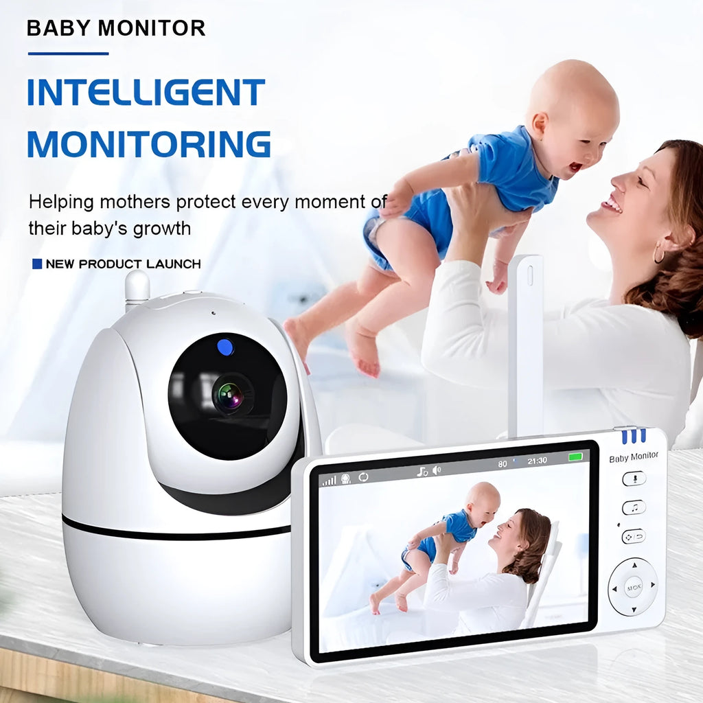 White wireless baby monitor with 5-inch HD screen on a nursery shelf
