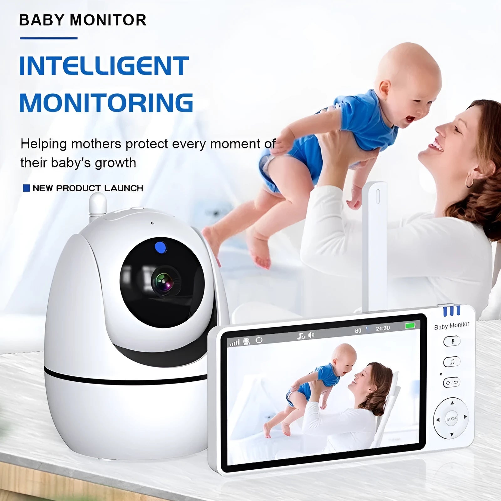 White wireless baby monitor with 5-inch HD screen on a nursery shelf