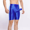 Man's shiny silky nylon sports shorts in plus sizes, shown in multiple colour options.