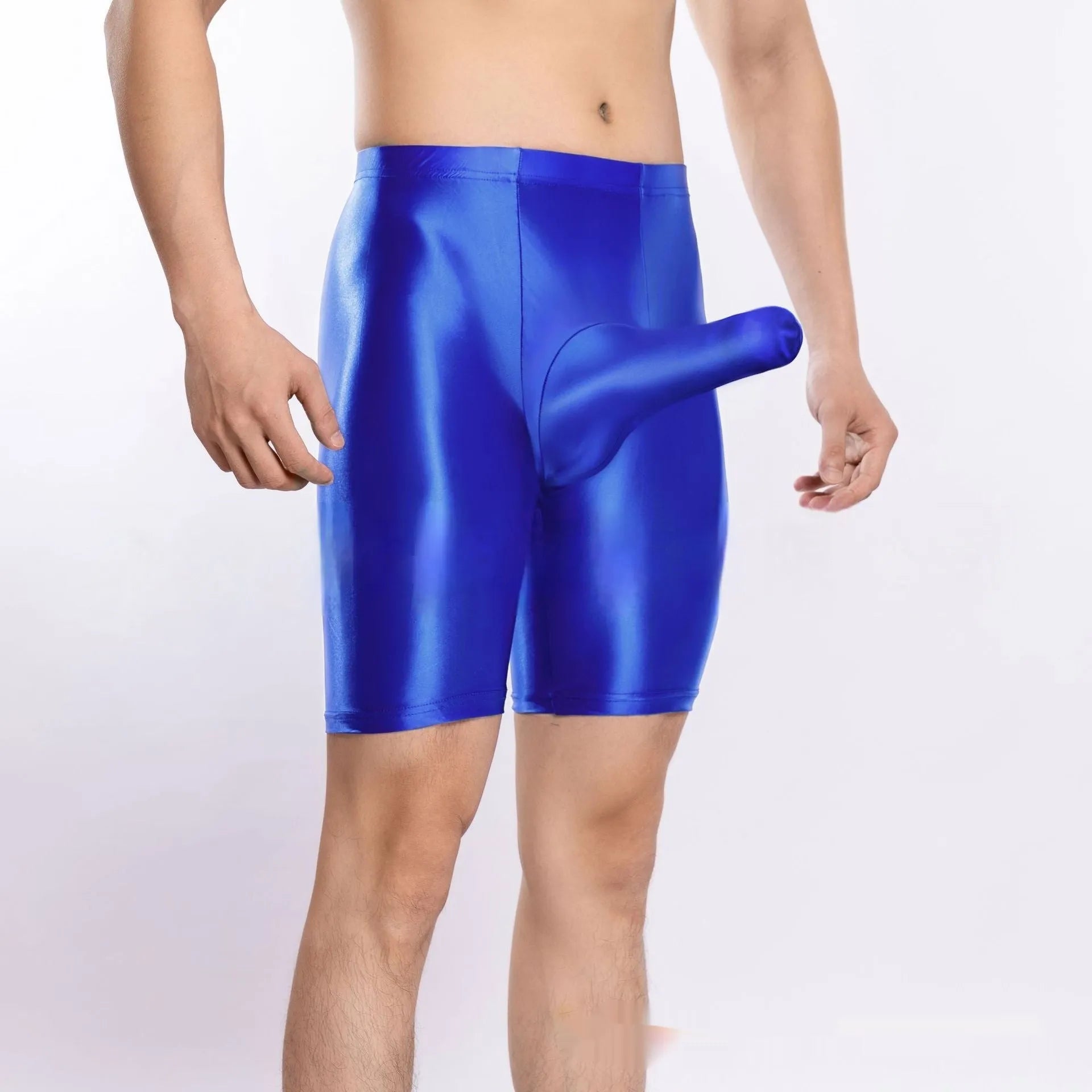 Man's shiny silky nylon sports shorts in plus sizes, shown in multiple colour options.